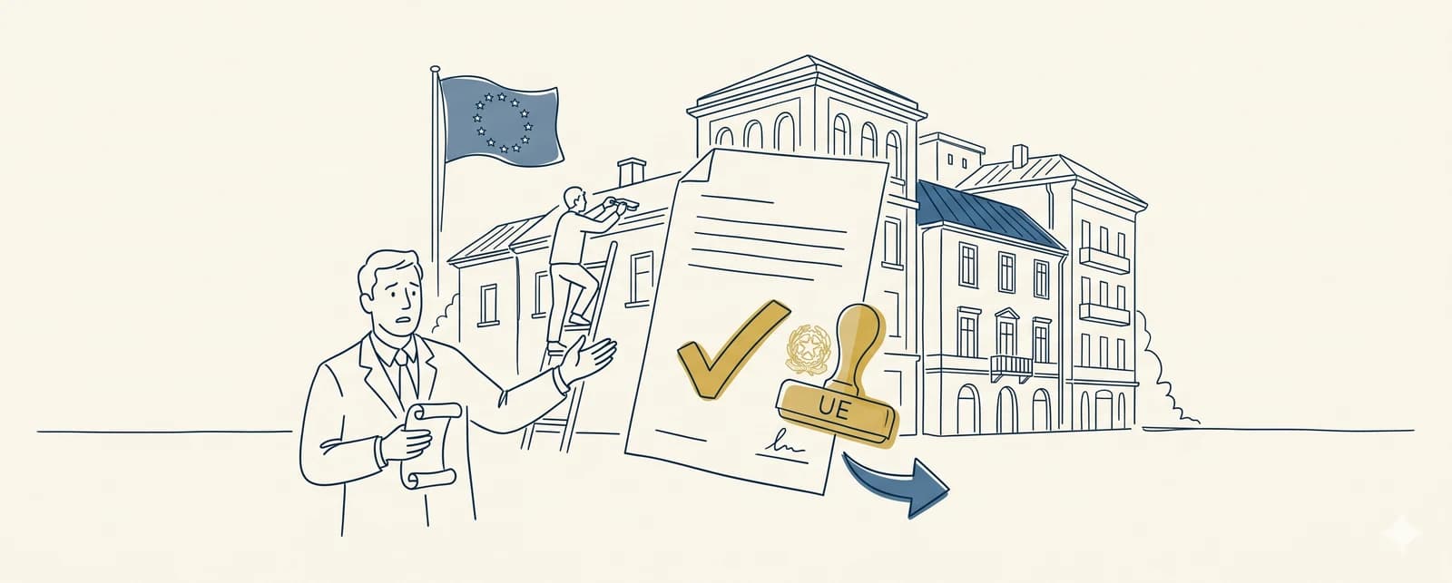 Illustrazione line-art: una palazzina condominiale con cappotto e infissi nuovi, due simboli di detrazione 50% e 36% a destra e a sinistra, una moneta sismica e un timbro Bonus Casa 2026.