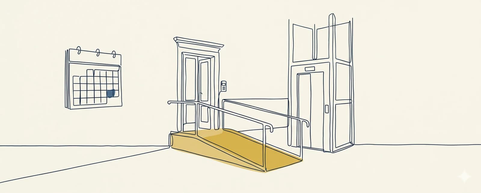 Illustrazione line-art: un edificio condominiale con rampa di accesso e ascensore esterno, un calendario che evidenzia il 31 dicembre 2026 e un timbro oro 75%.