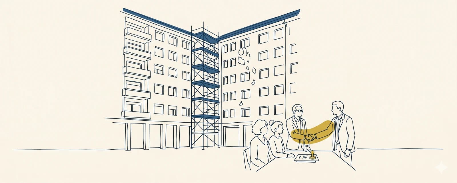 Illustrazione line-art: una palazzina condominiale di sei piani con un ponteggio appoggiato alla facciata, due figure in assemblea che discutono attorno a un tavolo con preventivi, un timbro oro di delibera approvata.